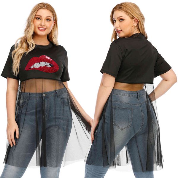 women's plus size large lips sequin embroidery mesh stitching t-shirt f200412
women's plus size large lips sequin embroidery mesh stitching t-shirt f200412
