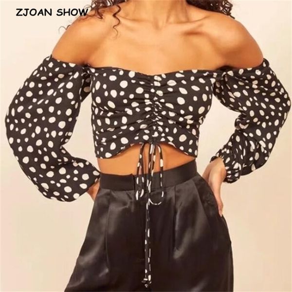 women black white dot print long sleeve shirt retro square collar adjust rope hem short blouse sweet 210429
women black white dot print long sleeve shirt retro square collar adjust rope hem short blouse sweet 210429
