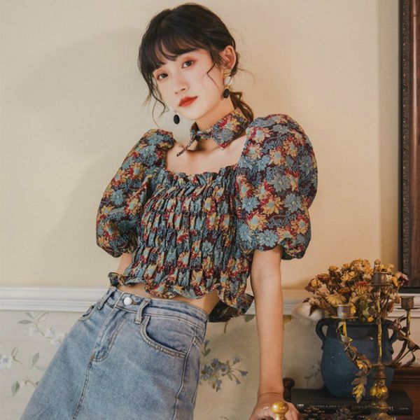 2021 new women's loose sleeve square collar printed short fashion street clothing, series yu9u, Black;white
2021 new women's loose sleeve square collar printed short fashion street clothing, series yu9u, Black;white