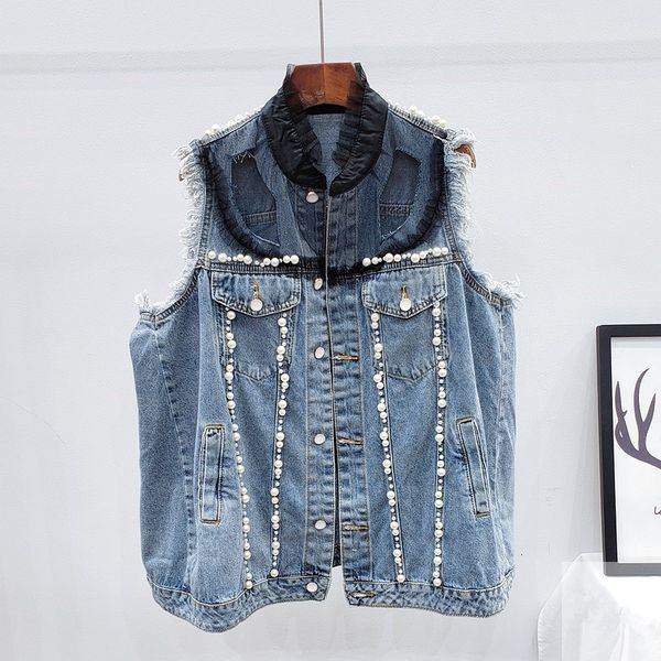 jacket summer fashion holes denim vest women beading splicing net yarn waistcoat sleeveless jacket coat female loose short jeans vests, Black;brown 
jacket summer fashion holes denim vest women beading splicing net yarn waistcoat sleeveless jacket coat female loose short jeans vests, Black;brown