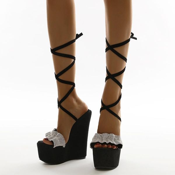 dress shoes 17cmheeled platform sandals cross strappy ankle high heels summer with rhinestones ladies wedge sandale femme, Black
dress shoes 17cmheeled platform sandals cross strappy ankle high heels summer with rhinestones ladies wedge sandale femme, Black