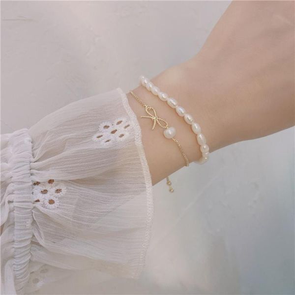 link, chain fashion jewelry two layer hand bracelet sweet korean design metal bowknot natural freshwater pearls for women, Black
link, chain fashion jewelry two layer hand bracelet sweet korean design metal bowknot natural freshwater pearls for women, Black