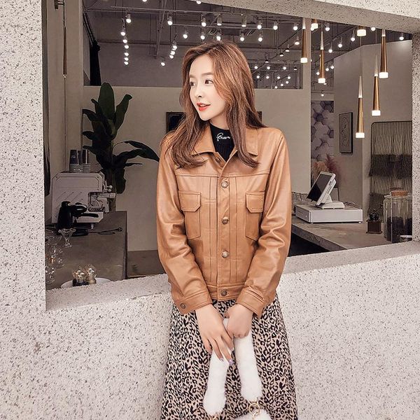 women's leather & faux genuine montone jacket women short slim fit 100% real natural sheepskin coat female vintage outwear hiver 199305, Black
women's leather & faux genuine montone jacket women short slim fit 100% real natural sheepskin coat female vintage outwear hiver 199305, Black