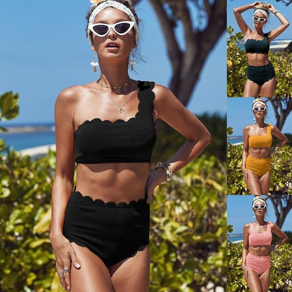 women's swimwear one-shoulder bra bikini solid color slanted collar sleeveless high waist split swimsuit beach wear cover up, White;black
women's swimwear one-shoulder bra bikini solid color slanted collar sleeveless high waist split swimsuit beach wear cover up, White;black
