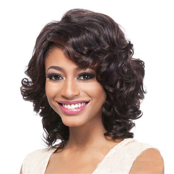 ladies short dark brown wavy wig synthetic wig with side part bangs daily party use for women nature looking, Black
ladies short dark brown wavy wig synthetic wig with side part bangs daily party use for women nature looking, Black