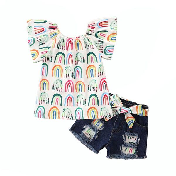 clothing sets summer style little girls outfit set rainbow/sunflower printing short sleeve + ripped denim shorts with belt costume, White
clothing sets summer style little girls outfit set rainbow/sunflower printing short sleeve + ripped denim shorts with belt costume, White