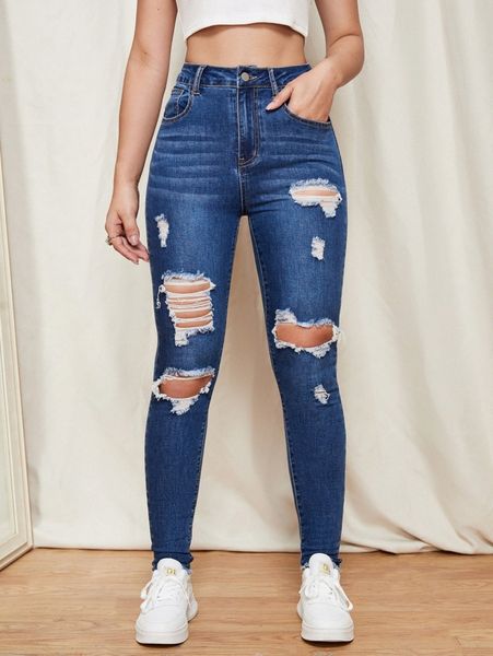 high waist ripped raw hem skinny jeans 55hw#, Blue