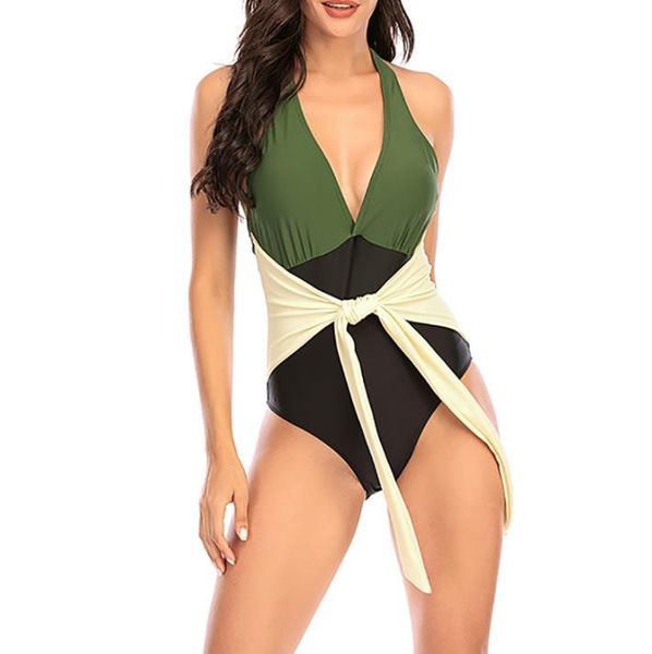 women's swimwear color blocking swimsuit sleeveless deep v-neck backless lace-up halter, White;black
women's swimwear color blocking swimsuit sleeveless deep v-neck backless lace-up halter, White;black