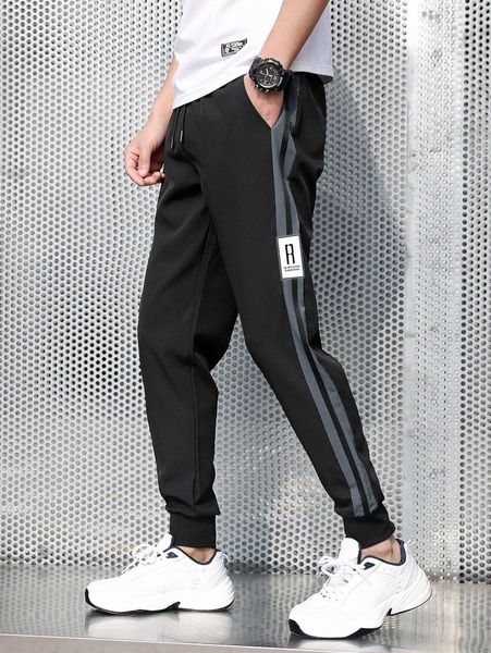 men slogan patched detail contrast tape side drawstring waist pants x8vg#, Black