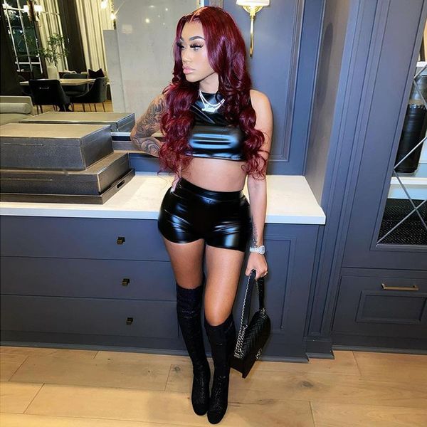 women's tracksuits solid color women backless t shirt coat mirror pu skin shorts casual suit camisole night club female outfits, Gray
women's tracksuits solid color women backless t shirt coat mirror pu skin shorts casual suit camisole night club female outfits, Gray
