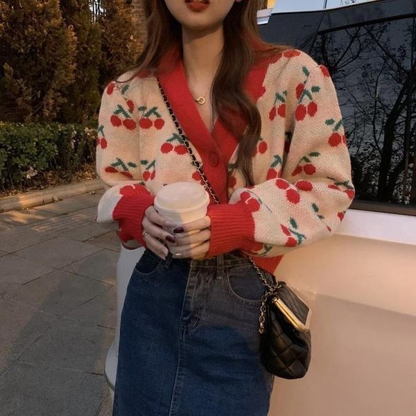 women's knits & tees cherry jacquard knitted cardigan autumn winter 2021 korean chic sweater coat loose retro japanese sweet pull femme, White
women's knits & tees cherry jacquard knitted cardigan autumn winter 2021 korean chic sweater coat loose retro japanese sweet pull femme, White