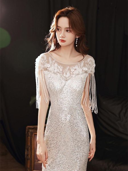 casual dresses silver white split tassel mermaid evening gowns o neck applique sequin formal party dress for celebration, Black;gray
casual dresses silver white split tassel mermaid evening gowns o neck applique sequin formal party dress for celebration, Black;gray