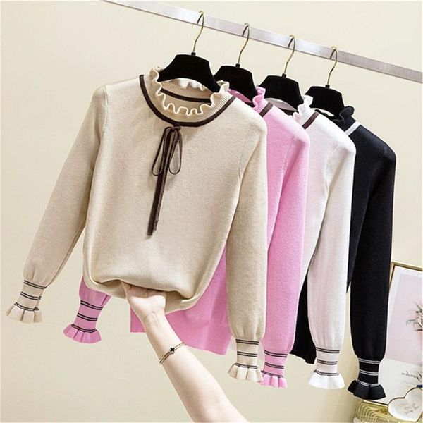 women's sweaters fashion autumn winter knitted sweater pullovers women korean tie up slim long flare sleeve sweet jumpers ladies, White;black
women's sweaters fashion autumn winter knitted sweater pullovers women korean tie up slim long flare sleeve sweet jumpers ladies, White;black