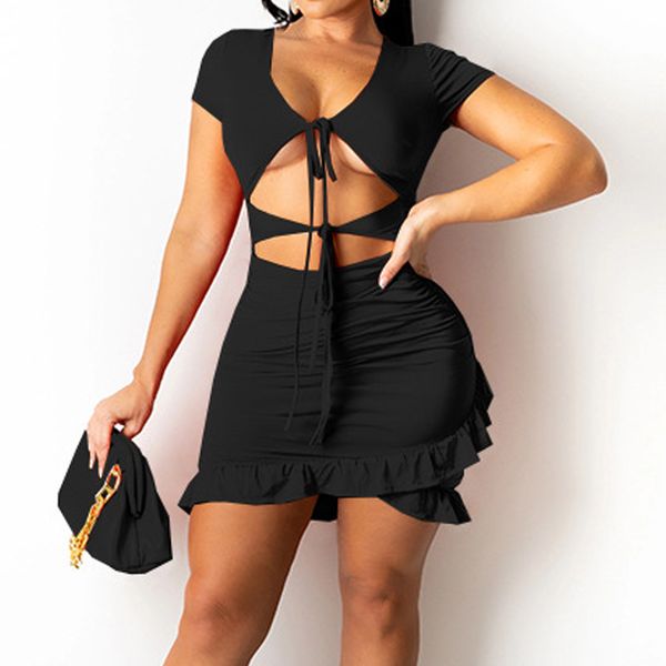 women ruffle solid boho casual short sleeve mini wrap dresses summer ladies hollow out vestidos 210521, Black;gray
women ruffle solid boho casual short sleeve mini wrap dresses summer ladies hollow out vestidos 210521, Black;gray