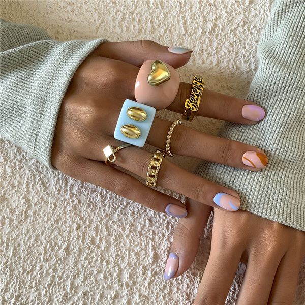 candy color acrylic heart ellipse ring europe women hollow chain bead lock rings 6 piece letter geometric alloy finger jewelry sets accessor, Golden;silver
candy color acrylic heart ellipse ring europe women hollow chain bead lock rings 6 piece letter geometric alloy finger jewelry sets accessor, Golden;silver