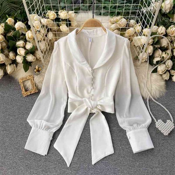 women spring shirt v-neck puff sleeve strap slim cropped single breasted female bandage blouse d007 210507, White
women spring shirt v-neck puff sleeve strap slim cropped single breasted female bandage blouse d007 210507, White