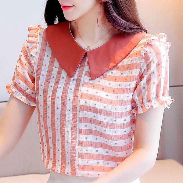 blouse women blusas mujer short sleeve women shirts dot striped chiffon blouse shirt women clothes camisas mujer d233 210602, White 
blouse women blusas mujer short sleeve women shirts dot striped chiffon blouse shirt women clothes camisas mujer d233 210602, White
