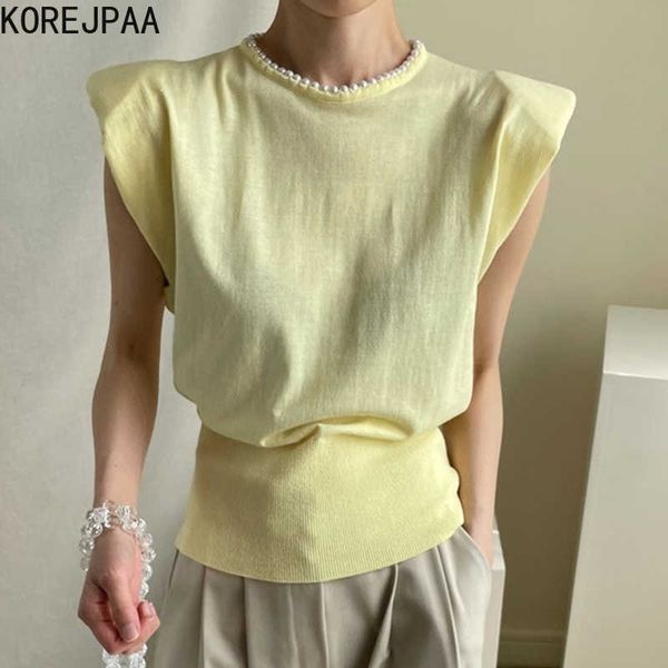 korejpaa women t-shirt summer korean chic temperament round neck bead decoration solid color flying sleeve knitted pullover 210526, White
korejpaa women t-shirt summer korean chic temperament round neck bead decoration solid color flying sleeve knitted pullover 210526, White