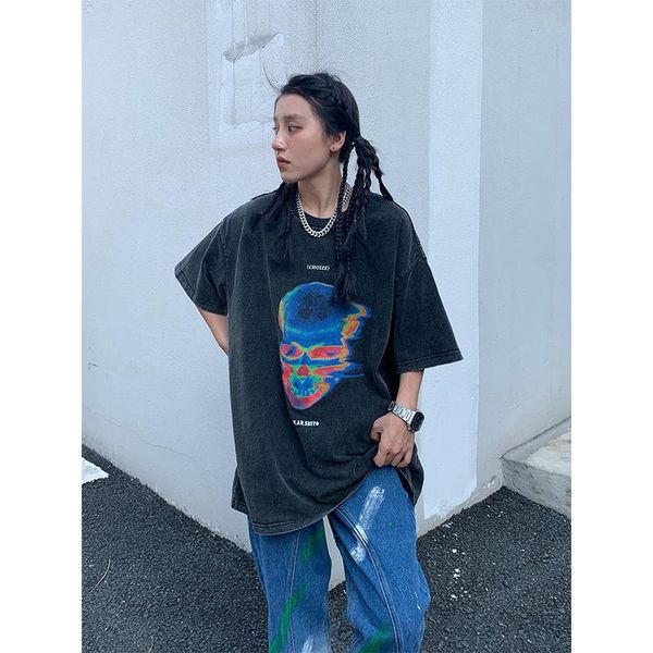 women's t-shirt skull print europe and the united states feng shui washed distressed loose men's lovers harajuku, White
women's t-shirt skull print europe and the united states feng shui washed distressed loose men's lovers harajuku, White