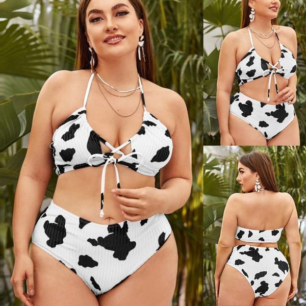 plus size tracksuits women swimwear cow printed casual split type ruched tummy control bathing suit bikini 2 pieces set 2021 summer, Black 
plus size tracksuits women swimwear cow printed casual split type ruched tummy control bathing suit bikini 2 pieces set 2021 summer, Black