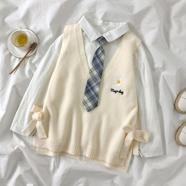 clothing sets 2021 korean style knitted sweater vest shirt girl autumn sleeveless v-neck flower embroidered loose casual pullovers outwear, White
clothing sets 2021 korean style knitted sweater vest shirt girl autumn sleeveless v-neck flower embroidered loose casual pullovers outwear, White