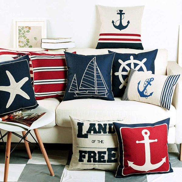 cushion/decorative pillow mediterranean blue shell starfish cover home decorative pillowcase sea compass anchor cushion