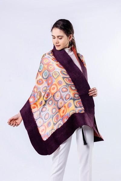 scarves nomads felt kandinsky squares with circles silk shawl, Blue;gray