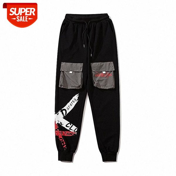 sweatpants harajuku style hip-hop tide patchwork printed skateboard pants men's trousers #2r34, Black