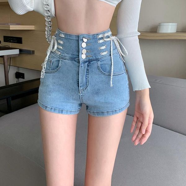 women's shorts lace four breasted high waist retro denim 2021 slim fit elastic back hollow aesthetic fashion, White;black
women's shorts lace four breasted high waist retro denim 2021 slim fit elastic back hollow aesthetic fashion, White;black