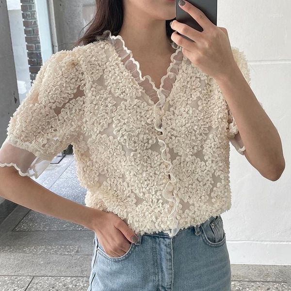 women's blouses & shirts korean chicv-neck net yarn wood ear stitching three-dimensional pleated flower design loose short-sleeved shir, White
women's blouses & shirts korean chicv-neck net yarn wood ear stitching three-dimensional pleated flower design loose short-sleeved shir, White