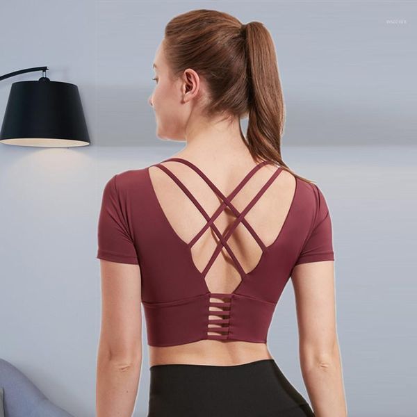 women cross open back gym yoga shirts cropped with chest padded quick dry summer fitness workout sports short sleeve outfit
women cross open back gym yoga shirts cropped with chest padded quick dry summer fitness workout sports short sleeve outfit