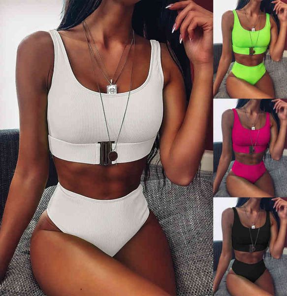 2021 style high waist solid color pit strip swimsuit split button bikini, White;black
2021 style high waist solid color pit strip swimsuit split button bikini, White;black