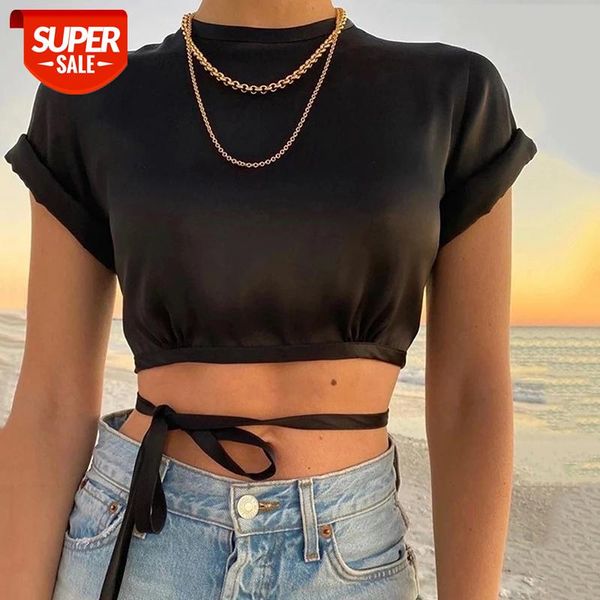 women back hollow t-shirt solid color short sleeve round collar lace-up bandage crop summer wild elegant shirt #rk7p, White
women back hollow t-shirt solid color short sleeve round collar lace-up bandage crop summer wild elegant shirt #rk7p, White