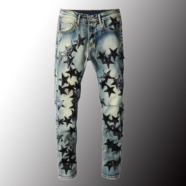 men's jeans 2021 luxury mens leather stars patch stretch denim streetwear holes ripped slim skinny pencil pants patchwork trousers, Blue
men's jeans 2021 luxury mens leather stars patch stretch denim streetwear holes ripped slim skinny pencil pants patchwork trousers, Blue