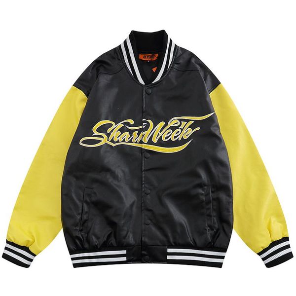 men's jackets men pu leather baseball 2021 autumn oversized letter embroidery color block streetwear patchwork vintage bomber jacket, Black;brown
men's jackets men pu leather baseball 2021 autumn oversized letter embroidery color block streetwear patchwork vintage bomber jacket, Black;brown