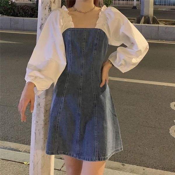 women's wool & blends french minority square collar bubble sleeve age reduction waist dress long first love denim skirt spring 2021, Black
women's wool & blends french minority square collar bubble sleeve age reduction waist dress long first love denim skirt spring 2021, Black