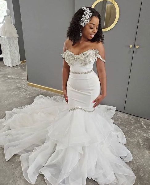 2021 plus size arabic aso ebi mermaid crystals wedding dresses sweetheart sash organza tiers bridal gowns zj355, White
2021 plus size arabic aso ebi mermaid crystals wedding dresses sweetheart sash organza tiers bridal gowns zj355, White