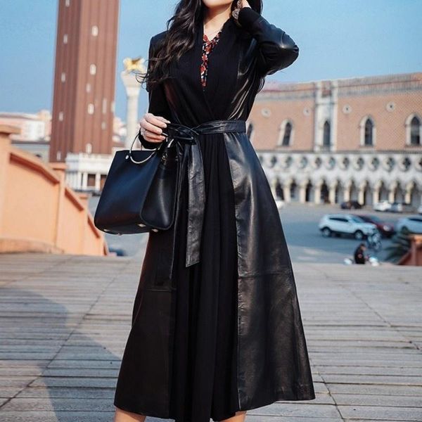 women's leather & faux real vintage jacket female elegant v neck slim fit belt medium long windbreakers office ladies sheepskin coat, Black
women's leather & faux real vintage jacket female elegant v neck slim fit belt medium long windbreakers office ladies sheepskin coat, Black