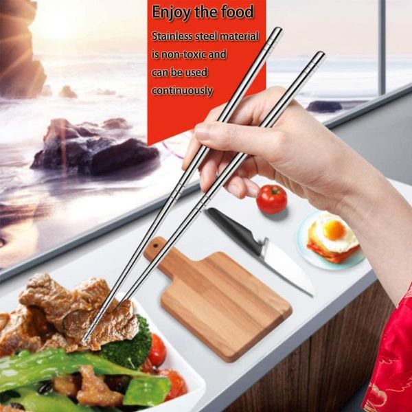 2pairs stainless steel chopsticks non-slip chop sticks tableware silver reusable stick sushi hashi baguette