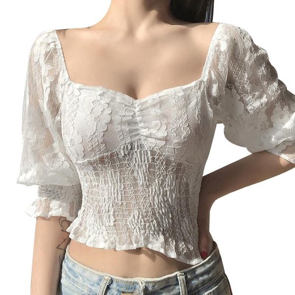 women's t-shirt women fashion lantern sleeve stylish lace see-through for shopping gathering, White
women's t-shirt women fashion lantern sleeve stylish lace see-through for shopping gathering, White