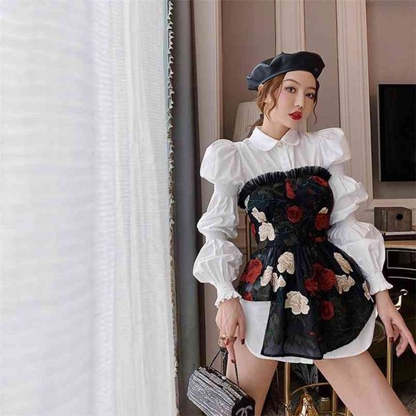 design sense retro shirt embroidered flower tube two-piece summer blouse hong kong style temperament women's suit 210730, White
design sense retro shirt embroidered flower tube two-piece summer blouse hong kong style temperament women's suit 210730, White