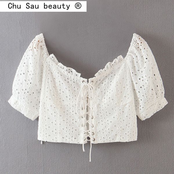 beauty women summer crop vacation big round neck hollow embroidery puff sleeve bandage blouses 210514, White
beauty women summer crop vacation big round neck hollow embroidery puff sleeve bandage blouses 210514, White