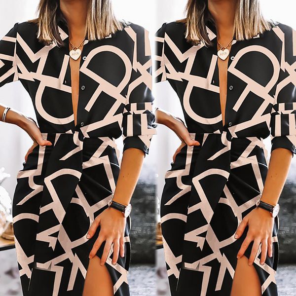 autumn women's new printed long sleeve deep v split hip dress m9732, Black;gray
