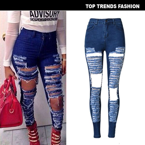 spring ripped street style high waist slim elastic large jeans, Blue 
spring ripped street style high waist slim elastic large jeans, Blue