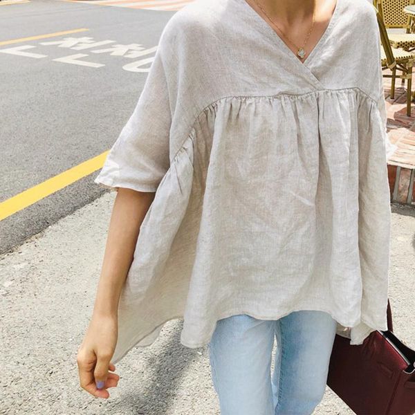 women's blouses & shirts johnature v-neck korean irregular women 2021 summer solid color loose female, White
women's blouses & shirts johnature v-neck korean irregular women 2021 summer solid color loose female, White