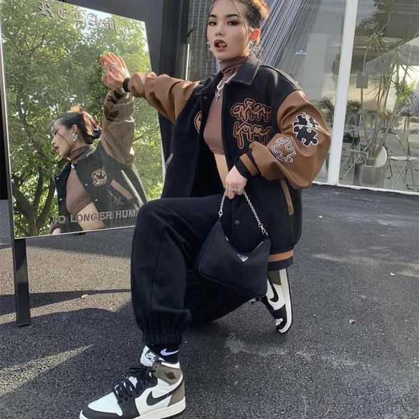 women's jackets women vintage baseball varsity black jacket men leather stitching embroidery bomber goth y2k causual oversize coat au, Black;brown
women's jackets women vintage baseball varsity black jacket men leather stitching embroidery bomber goth y2k causual oversize coat au, Black;brown