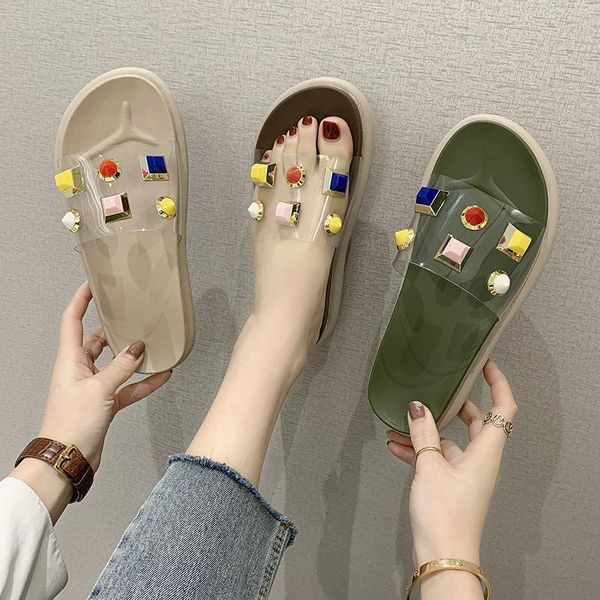slippers style one line sandal women transparent pvc rivet casual flat bottom and thick muffin, Black
slippers style one line sandal women transparent pvc rivet casual flat bottom and thick muffin, Black