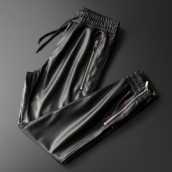 men's pants brand men leather superior quality elastic waist jogger zipper pockets faux trousers pencil kt9o, Black
men's pants brand men leather superior quality elastic waist jogger zipper pockets faux trousers pencil kt9o, Black