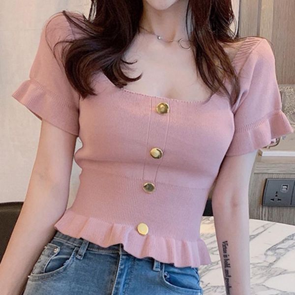 women's t-shirt square neck crop women summer korean ribbed knit cotton t shirt kawaii tee ladies button peplum ruffle tshirt, White
women's t-shirt square neck crop women summer korean ribbed knit cotton t shirt kawaii tee ladies button peplum ruffle tshirt, White