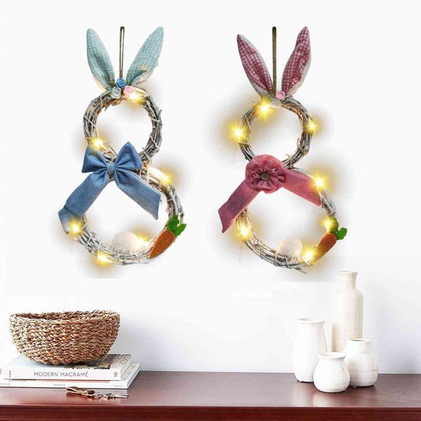 2022 white rabbit shape rattan ring easter decoration pendant with lamp wreath 
2022 white rabbit shape rattan ring easter decoration pendant with lamp wreath